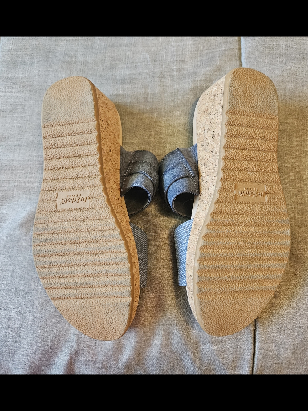 EUC Dr. Scholl's Blue Cork Wedge Slide Sandals with Gold Buckle - Picture 4 of 5